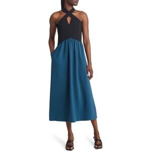 Chelsea28 New Mixed Media Color Block Halter Midi Dress Turquoise Black Sz Small